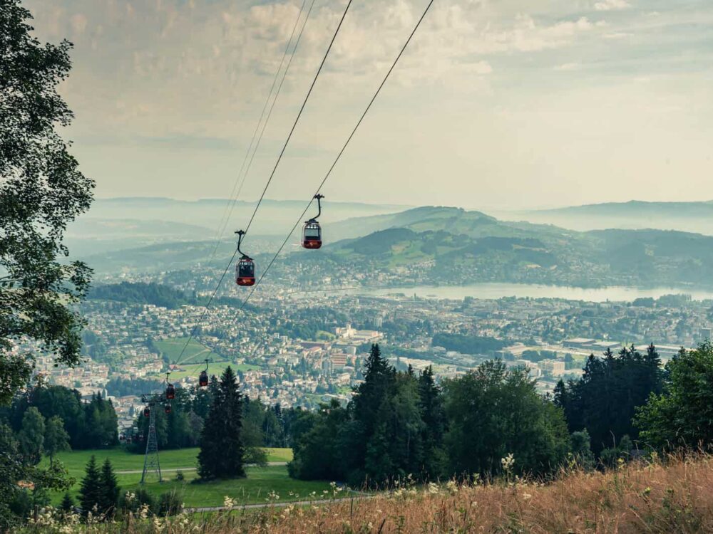 View of Lucerne from Pilatus mountain and cable car in front