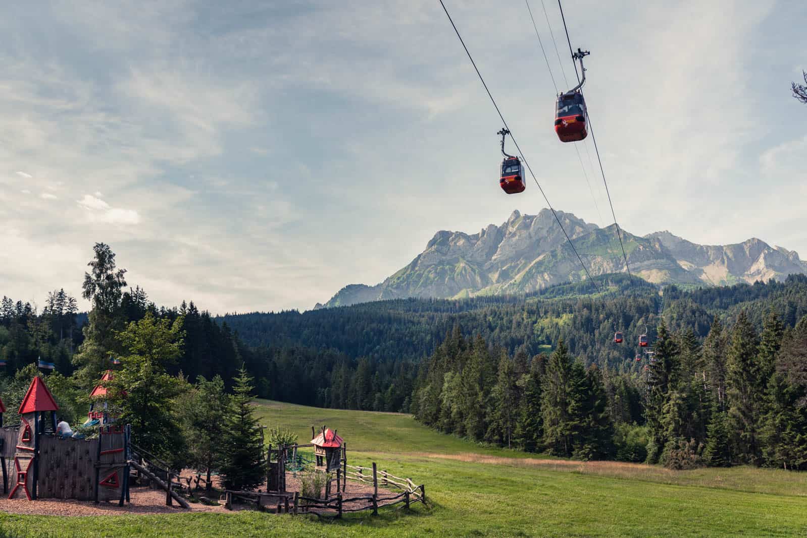 View of Pilatus mountain with cable car in front View of Pilatus mountain with cable car in front