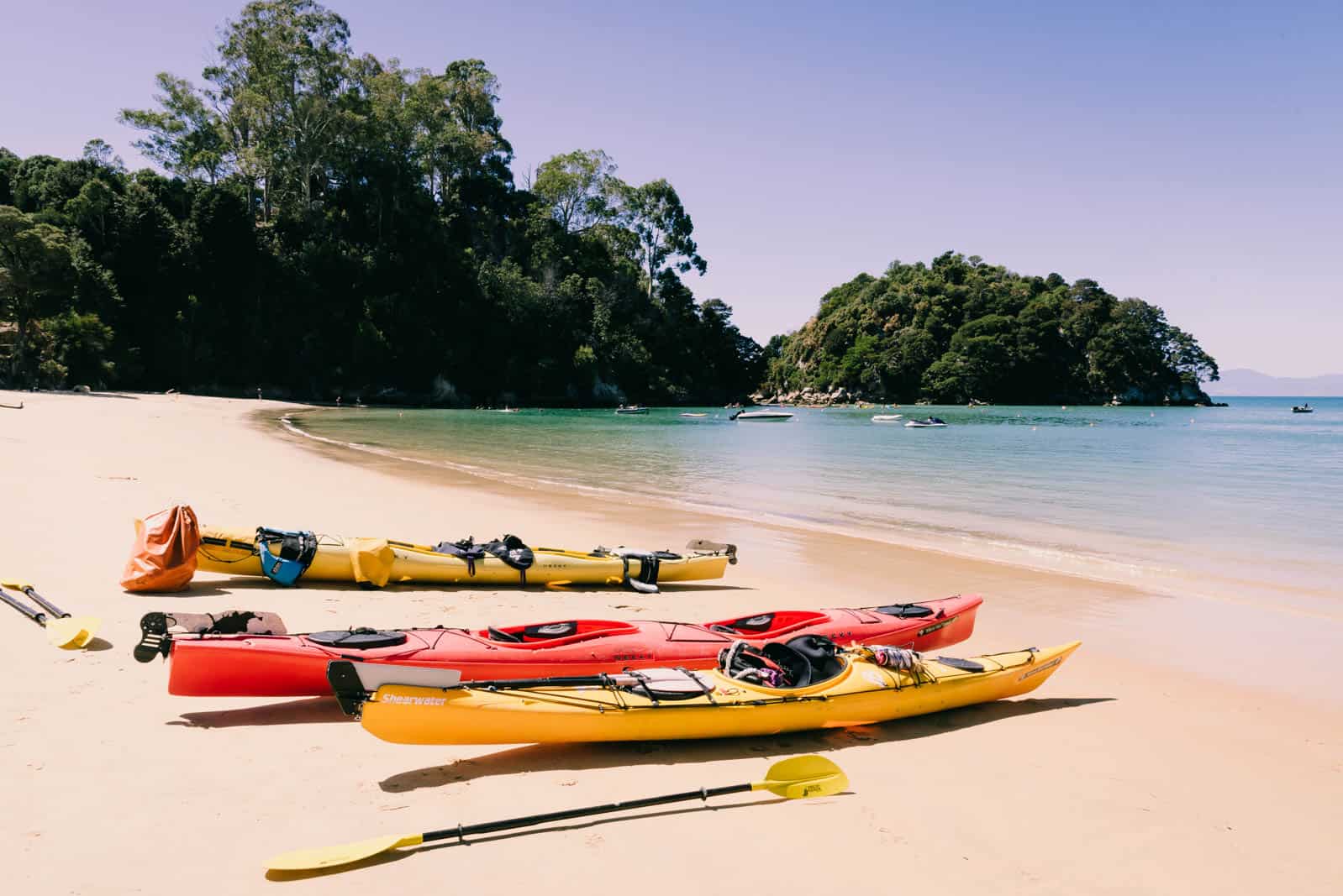 kayaks lying on kaiteriteri beach