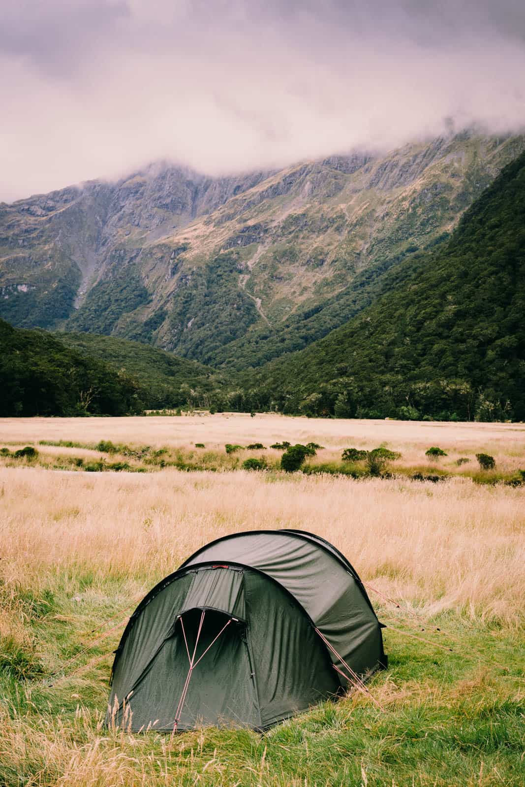 Routeburn track tent in front of mountain range