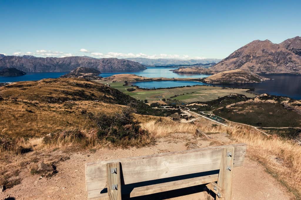 Bench at Rocky Mountain Lake Wanaka viewpoint