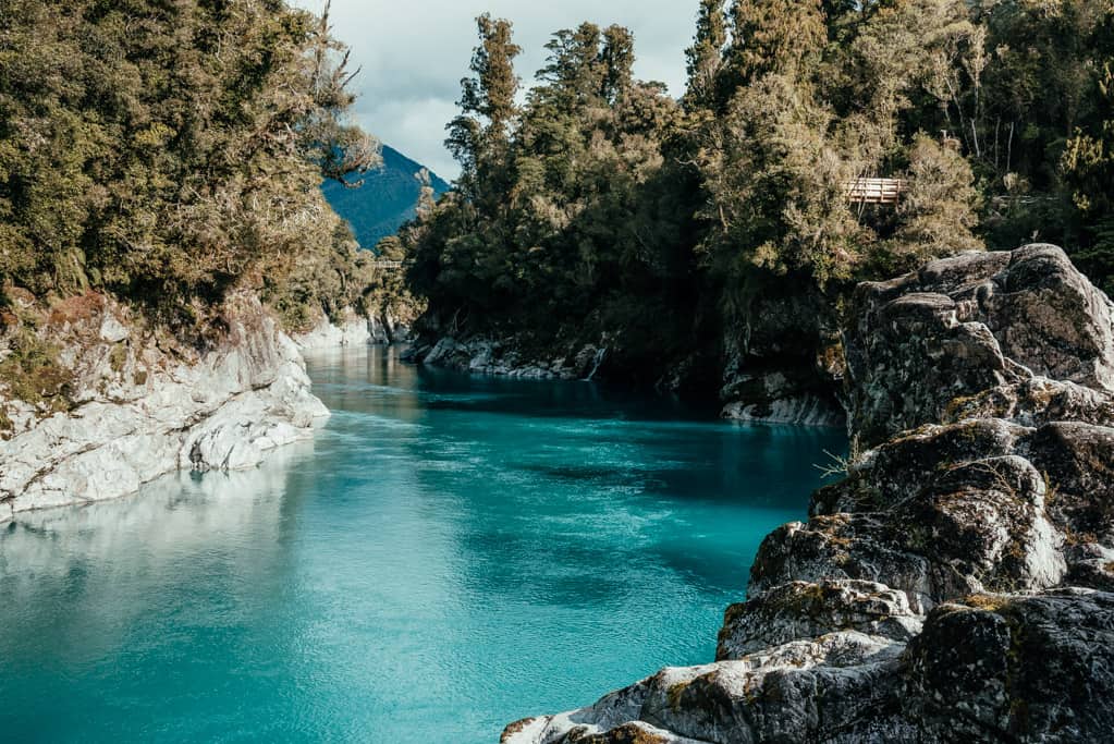 Turquoise water of Hokitika River at Hokitika Gorge