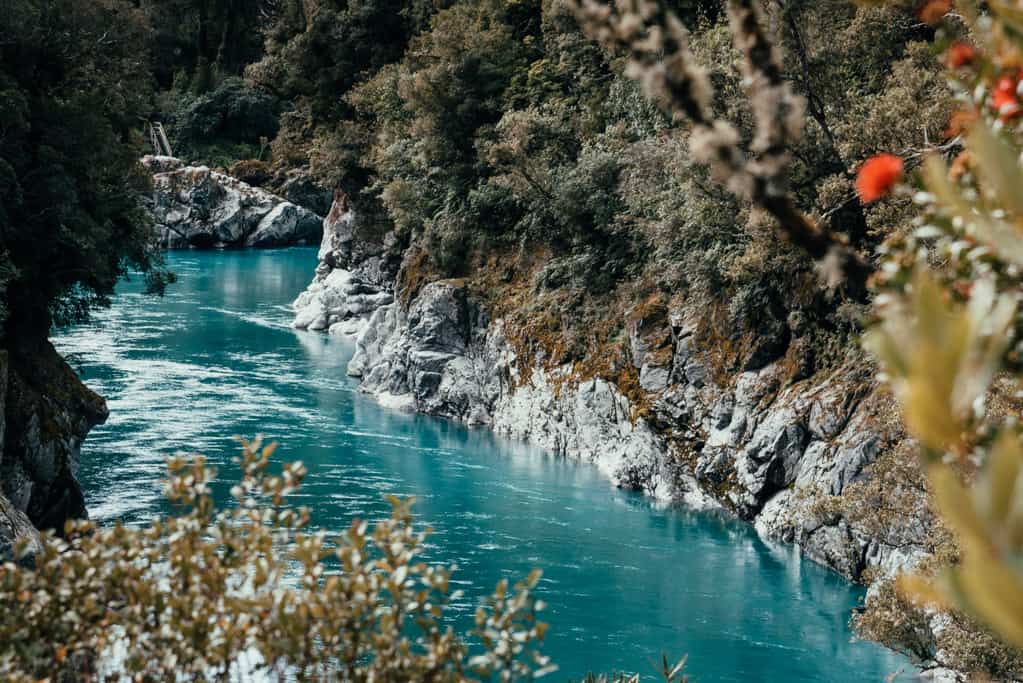Turquoise water of Hokitika River at Hokitika Gorge