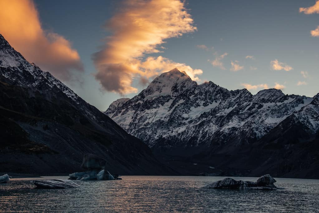 View of Mount Cook from Hooker Valley Track in Mount Cook National Park at sunrise