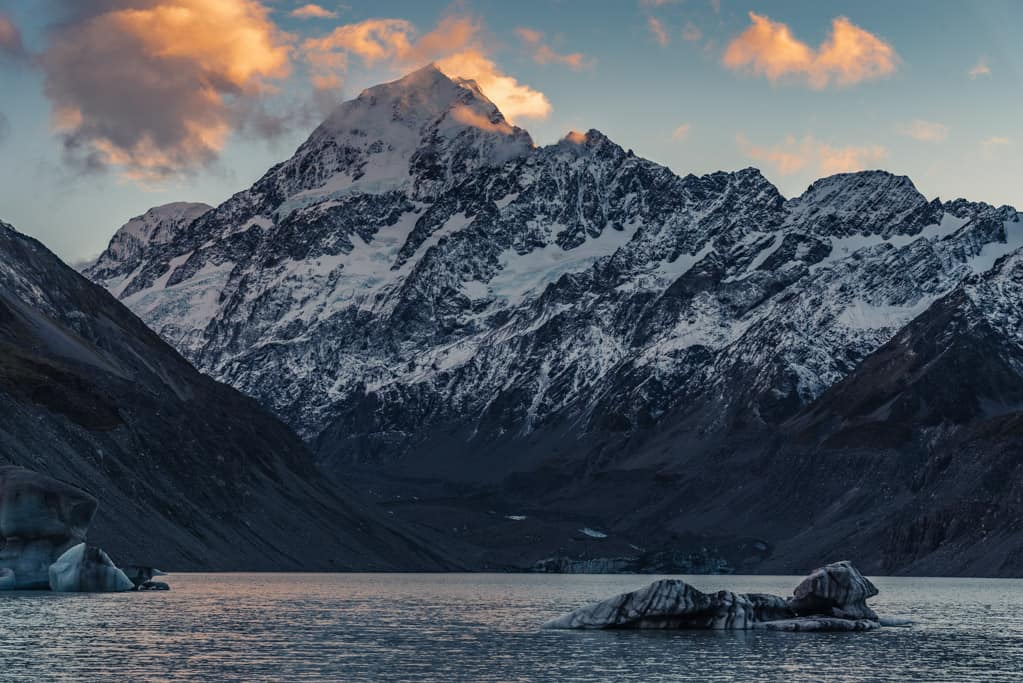 View of Mount Cook from Hooker Valley Track in Mount Cook National Park at sunrise