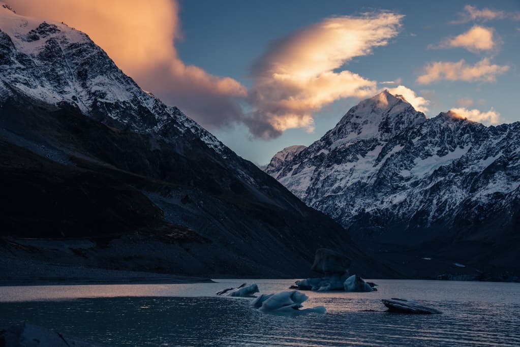 View of Mount Cook from Hooker Valley Track in Mount Cook National Park at sunrise