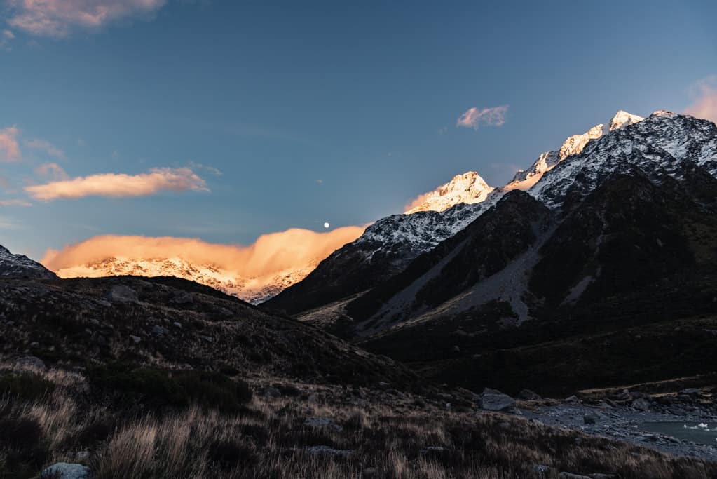 Hooker Valley Track in Mount Cook National Park at sunrise
