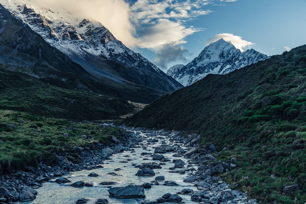 View of Mount Cook from Hooker Valley Track in Mount Cook National Park at sunrise