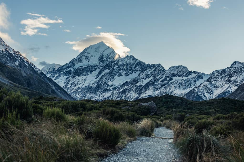 View of Mount Cook from Hooker Valley Track in Mount Cook National Park at sunrise