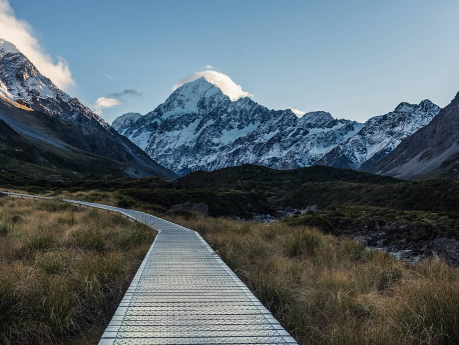View of Mount Cook from Hooker Valley Track in Mount Cook National Park at sunrise