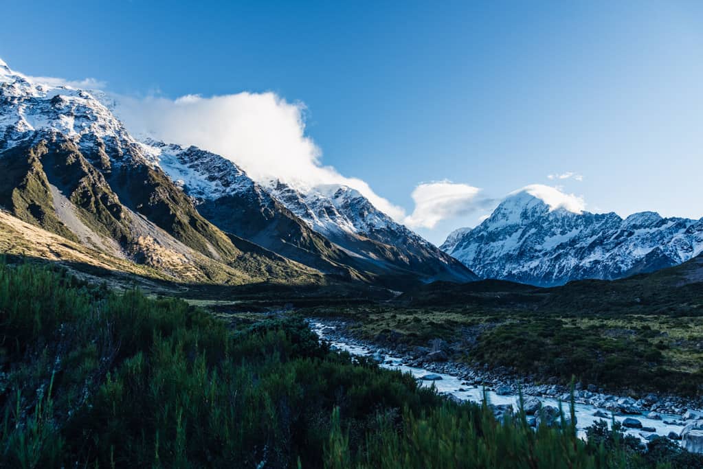 Hooker Valley Track in Mount Cook National Park at sunrise