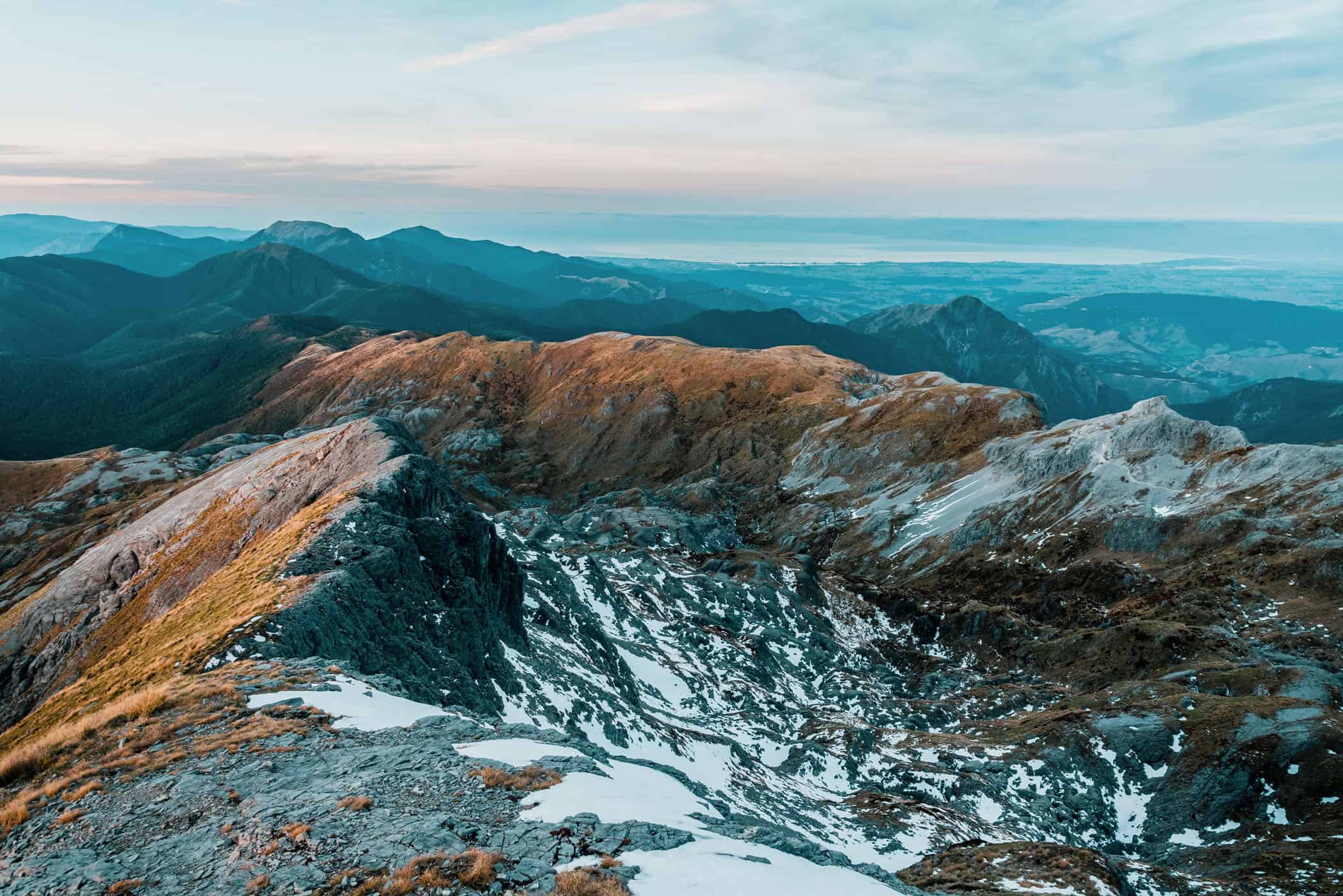 View from Mount Arthur summit at sunset