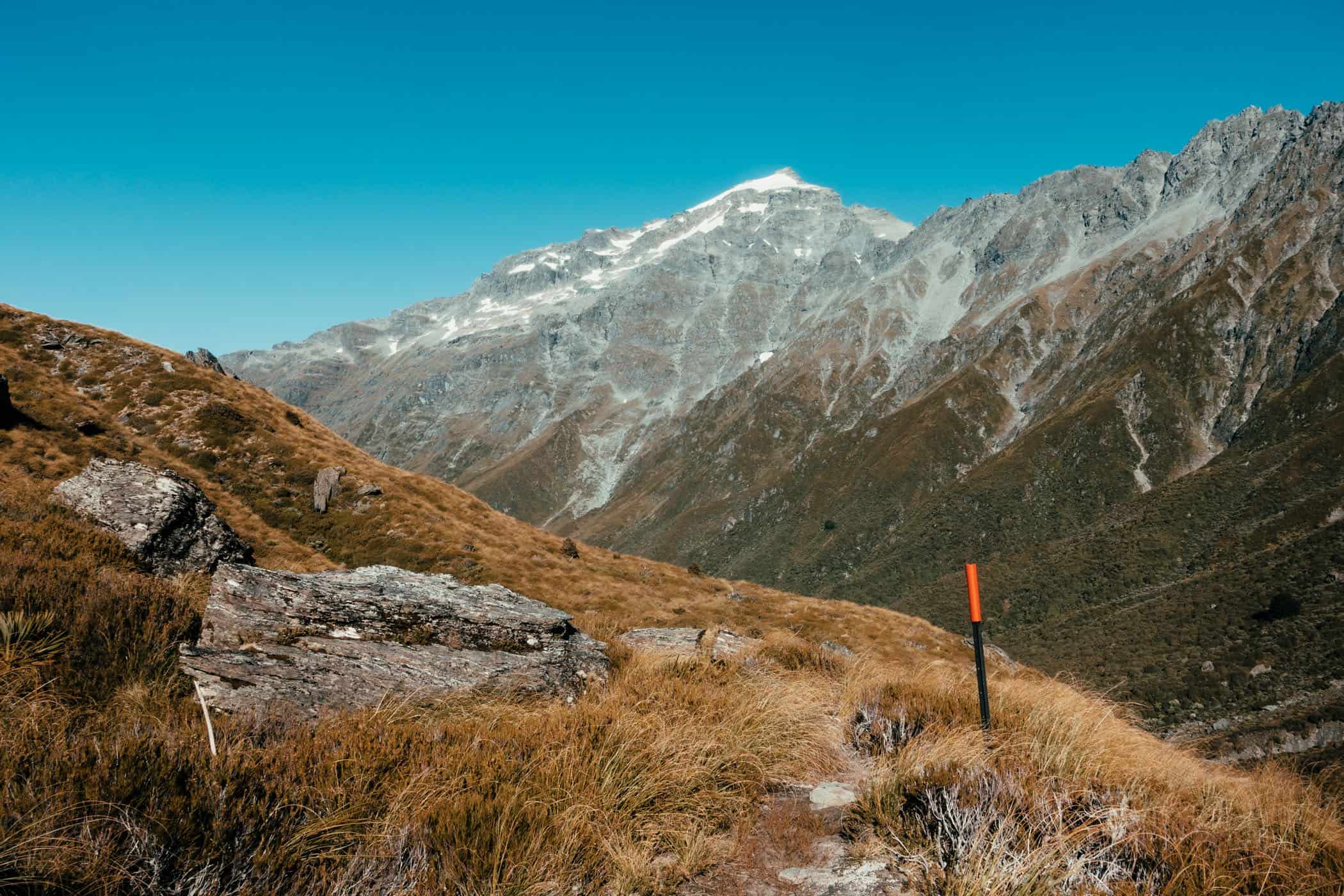 Track marker along Rees-Dart track with mountains in the background