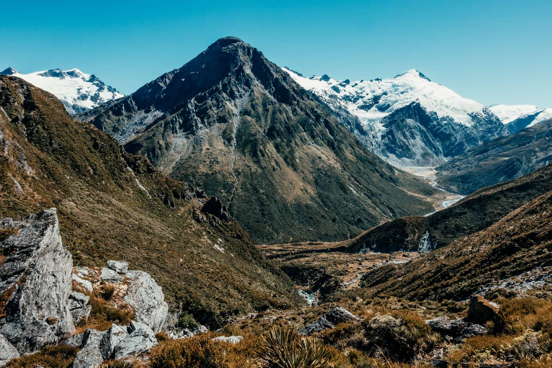View down Snowy Creek Valley with Mount Edward and glaciers in the background