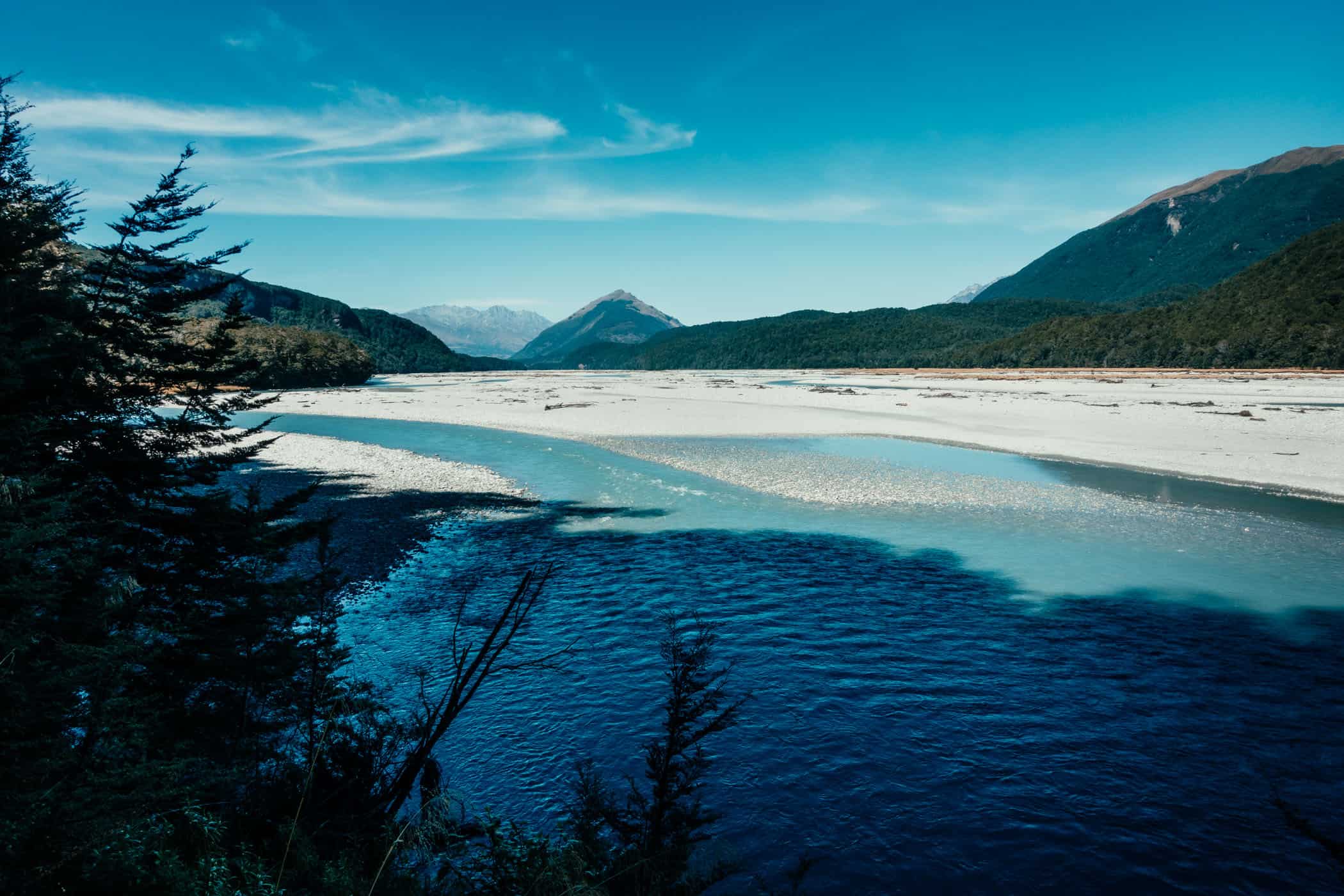 Dart River forms a wide riverbed