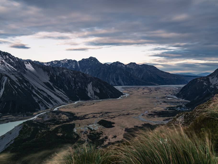 View down Hooker valley from Sealy Tarns viewpoint