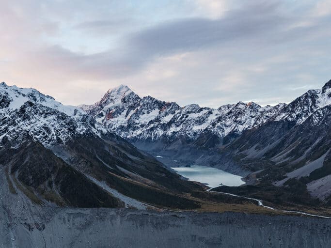 View of Mount Cook from Sealy Tarns view point at sunset