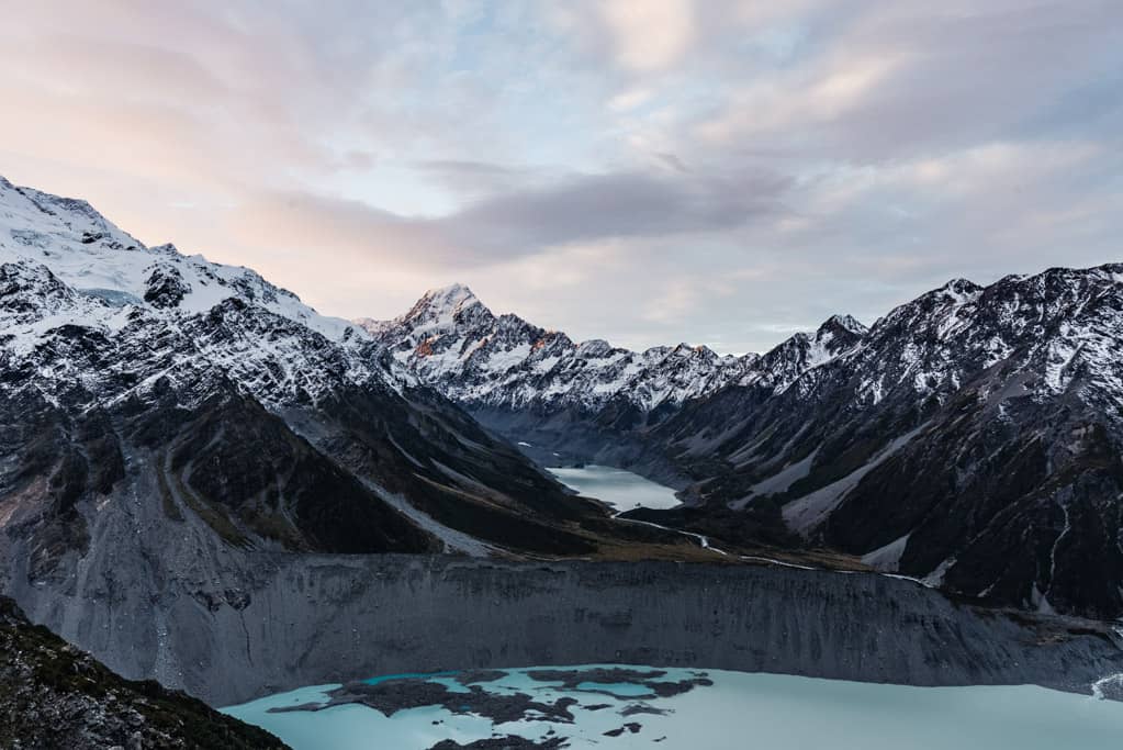 View of Mount Cook from Sealy Tarns view point at sunset