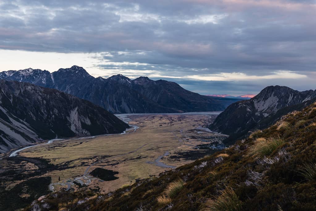 View down Hooker valley from Sealy Tarns viewpoint