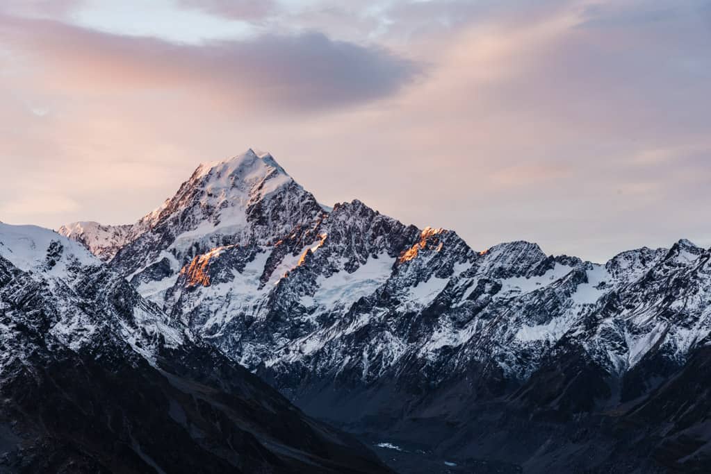 View of Mount Cook from Sealy Tarns view point at sunset
