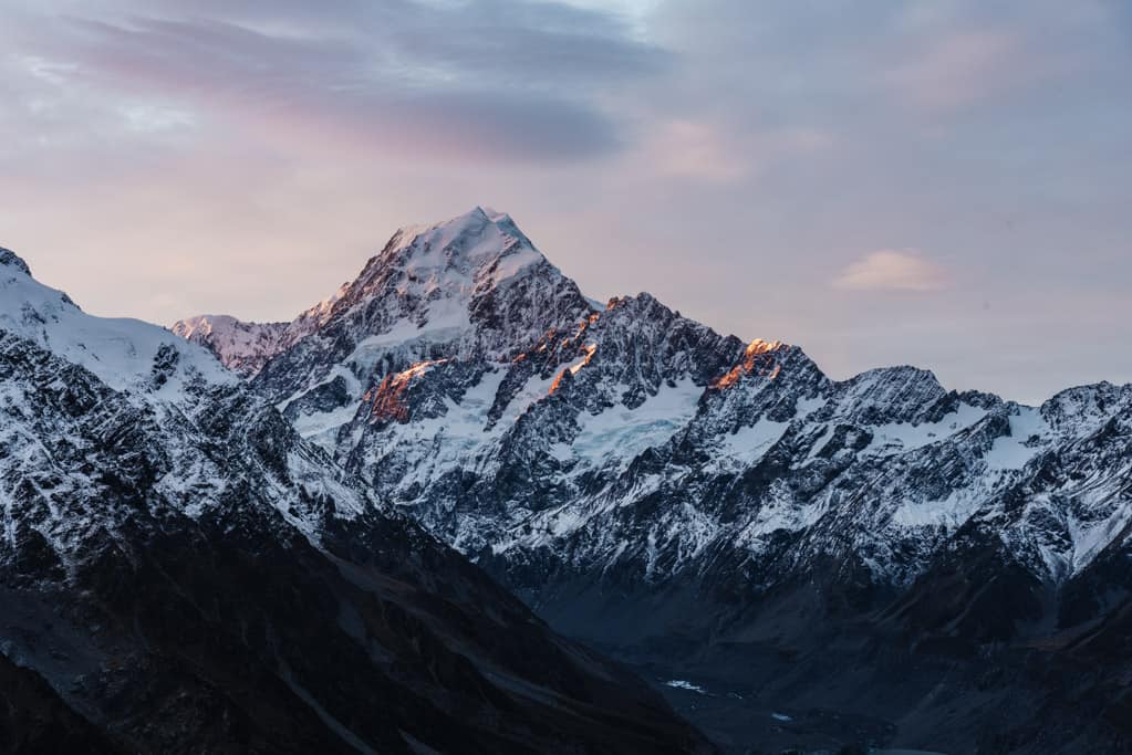 View of Mount Cook from Sealy Tarns view point at sunset