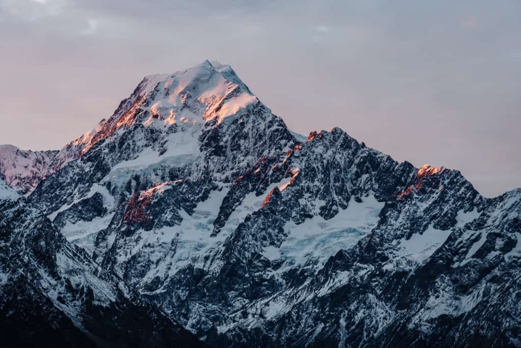 View of Mount Cook from Sealy Tarns view point at sunset