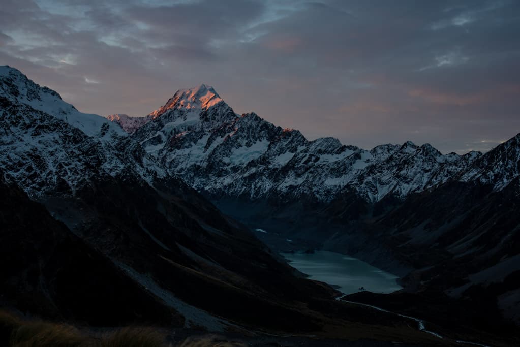View of Mount Cook from Sealy Tarns view point at sunset